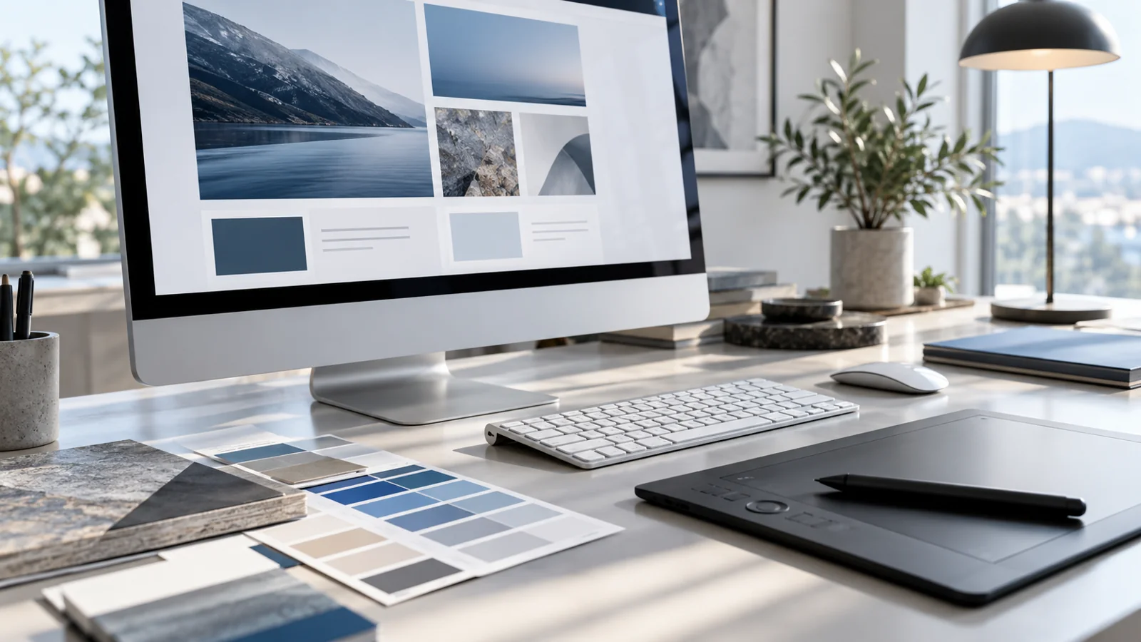 Creative digital workspace with a website layout, colour samples and design tools