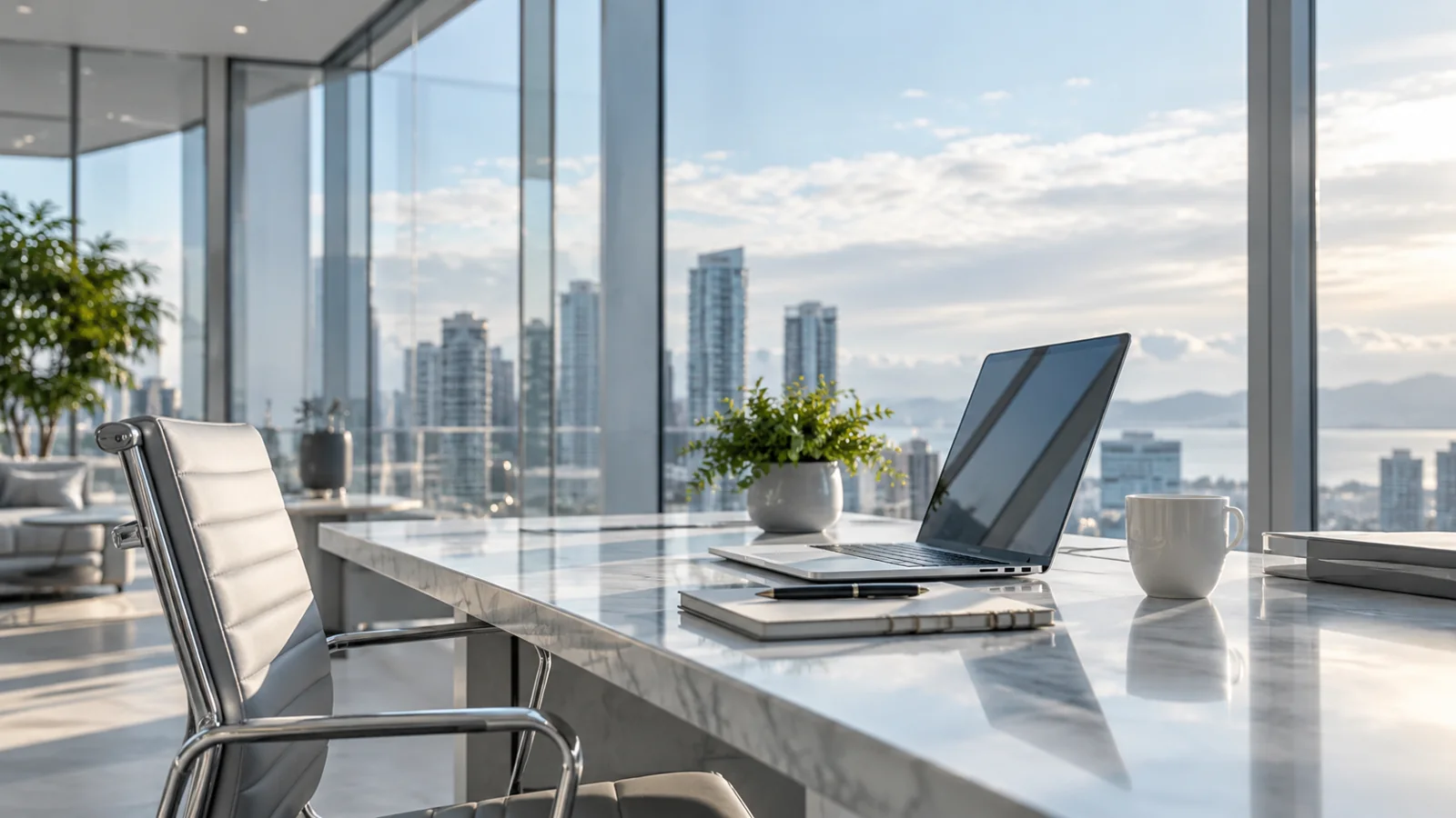 Bright workspace with a laptop and notebook